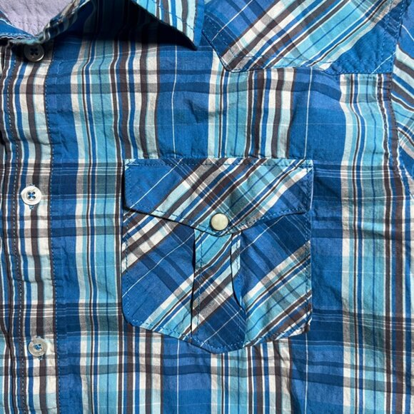 PD&C Men Large Blue Plaid Button-Up Collared Pocket Long Sleeve Causal‎ Shirt - Picture 3 of 7